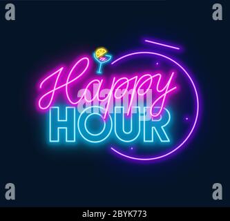 Happy hour neon sign on dark background. Stock Vector