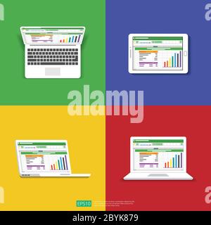 Spreadsheet on Computer screen flat icon. Financial accounting report concept. office things for planning and accounting, analysis, audit, project man Stock Vector