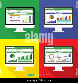 Spreadsheet on Computer screen flat icon. Financial accounting report concept. office things for planning and accounting, analysis, audit, project Stock Vector
