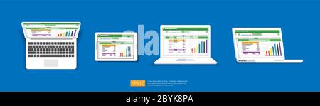 Spreadsheet on Laptop tablet screen icon. Financial accounting report concept. office things for planning and accounting, analysis, audit, project Stock Vector