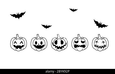 Pumpkins for Halloween icon set in black or pumpkin face isolated on white background. Collection of silhouette spooky images. Vector EPS 10 Stock Vector