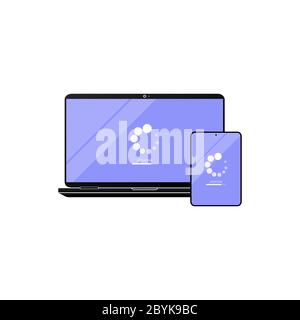 Laptop and tablet update icon. Laptop software update. Downloading data concept simple design on isolated background. Eps 10 vector Stock Vector