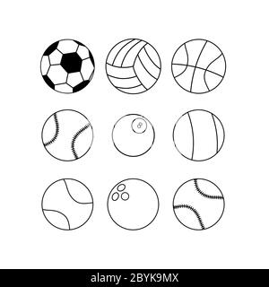 Sports ball or different game balls icon set in black on isolated white background. EPS 10 vector. Stock Vector