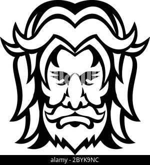 Mascot icon black and white illustration of head of Baldr, Balder or Baldur, a god in Norse mythology, and a son of the god Odin viewed from front on Stock Vector