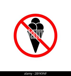 Stop food, no ice cream or no eating icon in black and red. Forbidden symbol simple on isolated background. EPS 10 vector. Stock Vector