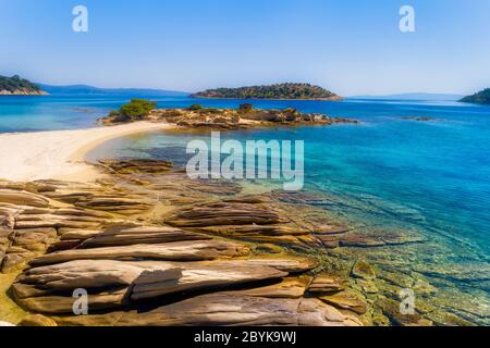 Aerial view of Lagonisi beach on the Sithonia peninsula, in the Chalkidiki , Greece Stock Photo