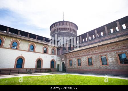 Milan. Italy - May 21, 2019: Interior View of Sforzesco Castle in Milan. Italy. Tower of Holy Spirit (Torrione di Santo Spirito). Stock Photo