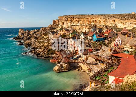 Popeye Village in Malta was built for a 1980 live-action musical about the spinach-gobbling sailor Stock Photo