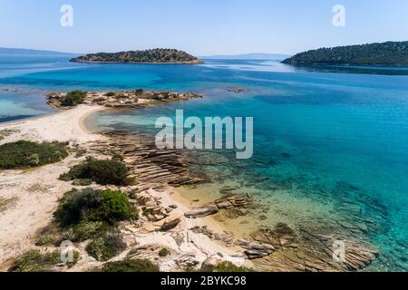 Aerial view of Lagonisi beach on the Sithonia peninsula, in the Chalkidiki , Greece Stock Photo