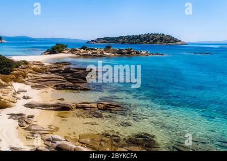 Aerial view of Lagonisi beach on the Sithonia peninsula, in the Chalkidiki , Greece Stock Photo