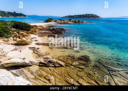 Aerial view of Lagonisi beach on the Sithonia peninsula, in the Chalkidiki , Greece Stock Photo