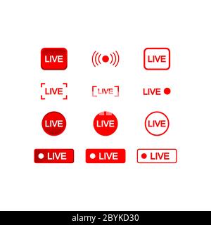 Live buttons red and white icon, social media consept on an isolated white background. EPS 10 vector Stock Vector