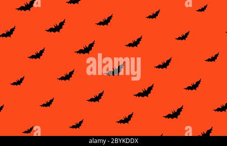 Bat halloween seamless patter with orange background. Black Bat Silhouettes on Orange Background. Vector EPS 10 Stock Vector