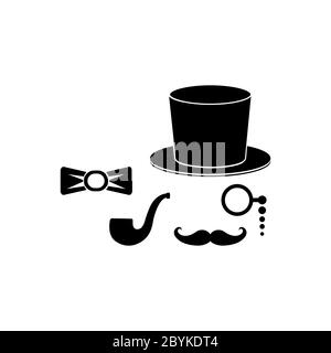 Gentleman set - smoking pipe, top hat,eyeglasses, bow tie, mustache, smoke icon design black symbol isolated on white background. Vector EPS 10. Stock Vector