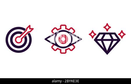 Mission, vision, values icon set or business goal and care logo in black design concept on an isolated white background. EPS 10 vector. Stock Vector