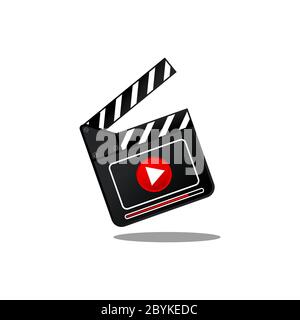 Movie slate with play button icon flat in simple design on an isolated white background. EPS 10 vector Stock Vector