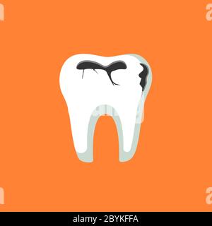 Caries dental problems. Tooth with caries icon with magnifier. Big hole ...