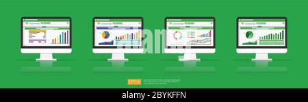 Spreadsheet on Computer screen flat icon. Financial accounting report concept. office things for planning and accounting, analysis, audit, project man Stock Vector