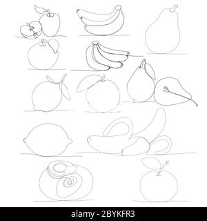drawing a continuous line of fruits, set Stock Vector