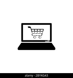 Laptop, desktop, computer icon with shopping baskets in black simple design on an isolated background. EPS 10 vector. Stock Vector