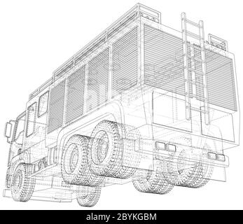 Vector Wire-frame isolated Fire truck on background. Vector rendering of 3d. Stock Vector