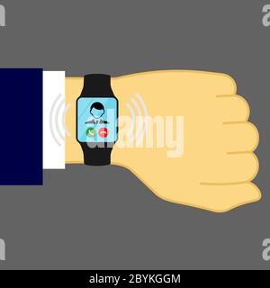 Smart watch, clock on the hand of businessman with an incoming call icon flat on isolated background. EPS 10. Stock Vector