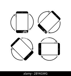 Rotate smartphone icon in black or device rotation symbol. Mobile screen rotation. Horisontal or vertical rotation on isolated white background. EPS Stock Vector