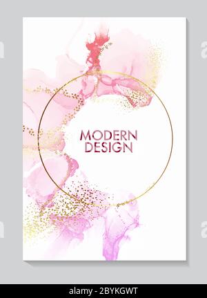 Alcohol liquid ink with  Pink brush strokes, gold foil elements. Resin acrylic splash, mable texture circle border for invitation, poster, banner, not Stock Vector