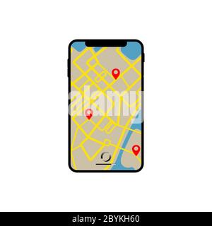 Mobile GPS navigation concept, smartphone with city map application or map location in flat, pointer, geo pin icon in modern design concept on Stock Vector