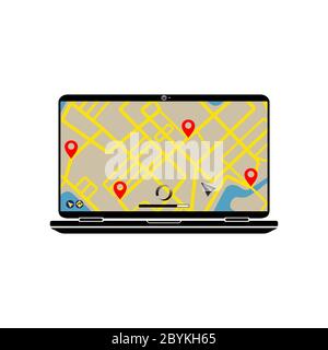Laptop with GPS navigation concept with city map application or map location in flat, pointer, geo pin icon in modern design concept on isolated white Stock Vector