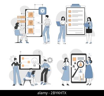 Men and women in casual clothes developing websites or mobile applications and having discussion vector cartoon outline illustration. People building applications for smartphones, creating web design. Stock Vector