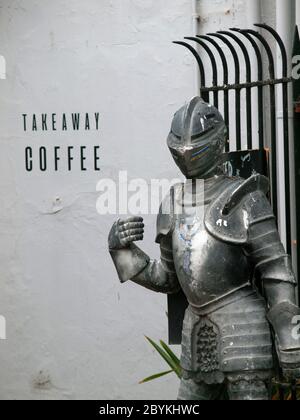 A suit of armour outside a coffee shop in The Lanes, Brighton Stock Photo