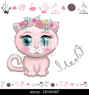 Cute cartoon pink cat, kitten on a background of flowers among butterflies Stock Vector