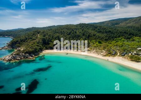 Aerial view of Armenistis beach on the Sithonia peninsula, in the Chalkidiki , Greece Stock Photo