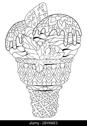 Ice cream are drawn in black and white outline for coloring page. Stock Vector