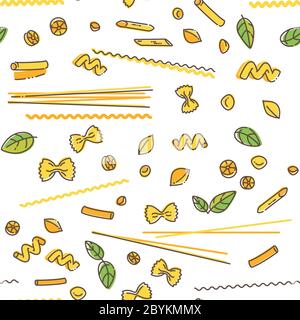 Pasta and basil seamless pattern. Stock Vector