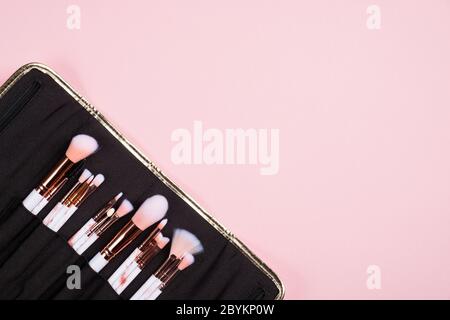Professional makeup artist brushes set in case on pink background. Flat lay, top view. Make up shop banner design. Stock Photo