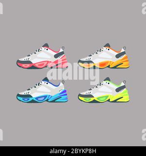 Trendy sneakers or realistic fashion sport running shoe for training and fitness. flat set in bright colors on an isolated gray background. EPS 10 Stock Vector