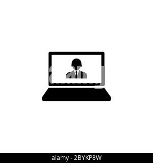 Laptop, desktop, computer icon with human avatar man in black simple design on an isolated background. EPS 10 vector Stock Vector