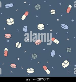 Colorful seamless pattern with different pills and capsules Stock Vector