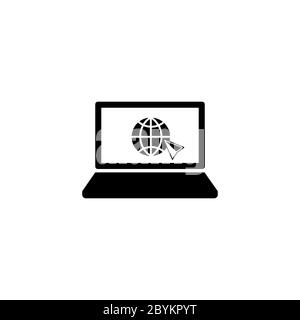 Laptop, desktop, computer icon with world wide web concept globe internetin icon in black simple design on an isolated background. EPS 10 vector Stock Vector