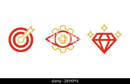 Mission, vision, values icon set or business goal and care logo in black design concept on an isolated white background. EPS 10 vector. Stock Vector