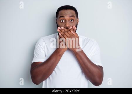 Photo of helpless dark skin african american guy unfairly society shut up black race citizens arms on mouth threatening danger afraid police Stock Photo