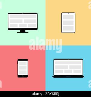 New device icon flat set in black smartphone, laptop, computer monitor, tablet on isolated background. EPS 10 vector Stock Vector