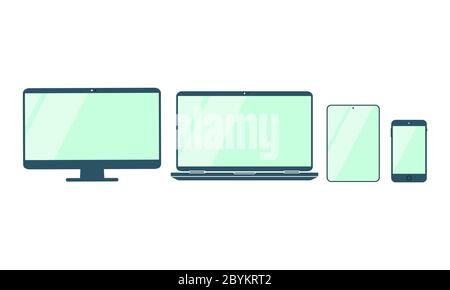 New device icon flat set in black smartphone, laptop, computer monitor, tablet and smart watch on isolated white background. EPS 10 vector Stock Vector