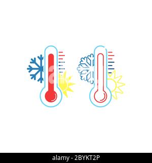 Thermometer measuring heat and cold, with sun and snowflake icons flat on isolated white background. EPS 10 vector Stock Vector