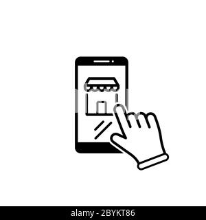 Online shopping, stores. The smartphone with hand icon. The concept of mobile marketing on an isolated background. EPS 10 vector Stock Vector