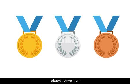 Gold, silver and bronze medal icon set. First, second and third place or award medals icon flat in modern colour design concept on isolated white Stock Vector