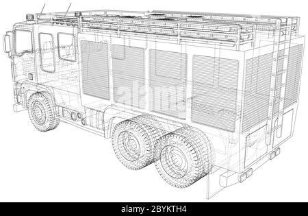 Fire Engine vector. Fire truck Wire-frame line isolated. Vector rendering of 3d. Stock Vector