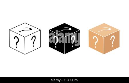 Mystery box or random loot in the cube or gift box with line. Box, package icon in white, black, beige color on an isolated white background. EPS 10 Stock Vector